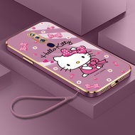 Casing OPPO F11 Pro F9 Pro F7 F5 Ultra-thin Plating Square Lovely Cartoon Hello Kitty Silicone Case with Lanyard Phone Case