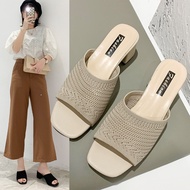 Mid-heel Sandals Women 2026 Summer New Korean Flying Knit Outer Wear One-word Fashion Women Sandals 