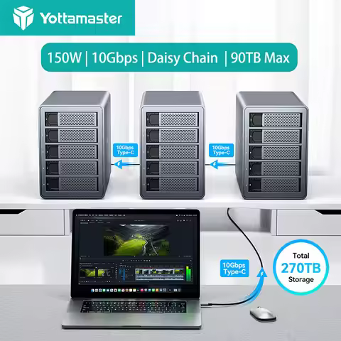 Yottamaster 4/5 Bay 10Gbps Daisy Chain 270TB SATA HDD Enclosure 90TB Max 3.5"/2.5"External Hard Driv