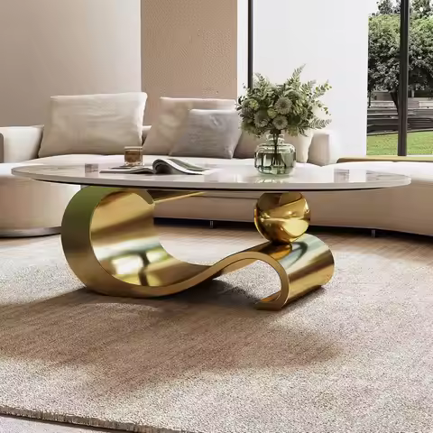 49.2" Oval Stone Coffee Table, Modern Center Tables with Gold Stainless Steel Base, Faux Marble Coff