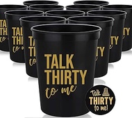 Talk Thirty to Me 30th Birthday Party Cups and 1" Talk Thirty to Me Button, Set of 12, 16oz Black an