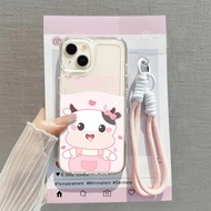 [ Case+Support Strap] Glossy Clear Case Cute Cow Motif For Oppo A15 A16 EK A17 K A18 A3S A39 A31 A38
