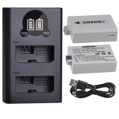 LPE5 LP-E5 Battery with LP E5 Battery Charger for Canon EOS 500D, EOS 450D, EOS 1000D, Kiss X3 X2 F 