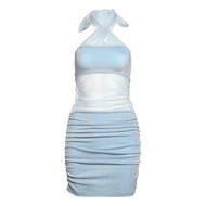 KLIOU Khí Quyển Giảm Béo Lưới Cổ Top Nữ Phong Cách Đường Phố Cao Cấp Váy Ngắn Có Dây Thắt Lưng Co Gi