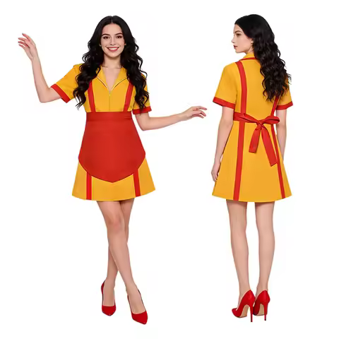 New Cosplay 2 Broke Girls Women RolePlay Dress Costumes For Halloween Party Short Sleeve Yellow Apro