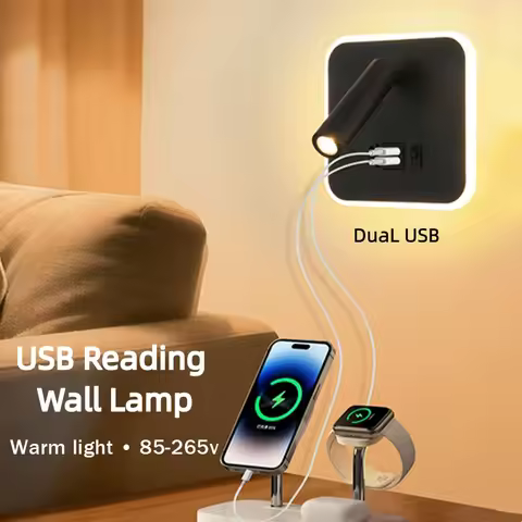 LED Wall Lamp with USB Type-C Charging Ports Ambient Backlight Rotatable Reading Spotlight Bedside B