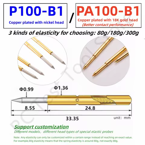 20/100PCS P100-B1 Spring Test Probe P100-B Test Pin PA100-B PA100-B1 Test Tool 33.35mm Dia 1.36mm Ne