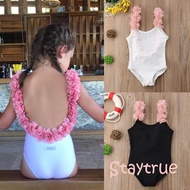 Baby girl one-piece swimsuit open back swimsuit with floral shoulder strap plain color swimsuit for 