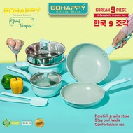 PANCI SET GOHAPPY Series Korean Granite 9 pcs warna Pink GHK90P Casserole Penggorengan Wok steamer f