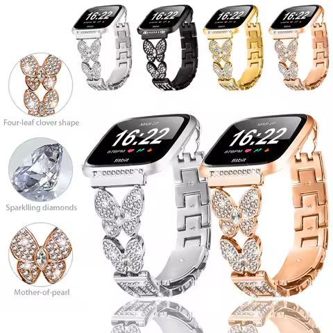 Diamond Butterfly Strap for Fitbit Versa 2/Versa/Versa Lite Metal Folding Buckle Bracelet for Fitbit