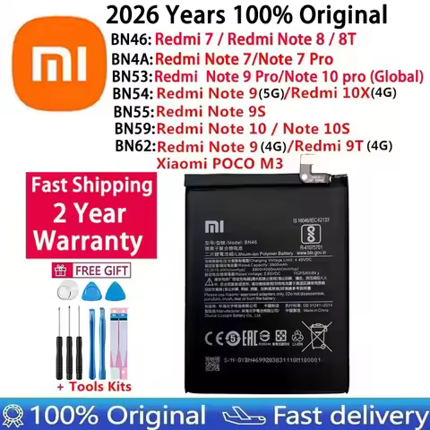 Battery for Xiaomi Redmi,100% Original, BN46,BN4A,BN53,BN54,BN55,BN59,BN62, 7, 9T,10X,POCO M3,Note 7