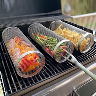 Rolling Grill Basket,Stainless Steel Wire Mesh Cylinder Grilling Basket, Portable Outdoor Camping Barbecue Rack for Vegetables,French Fries,Fish,Versatile Round Grill Cooking Accessories