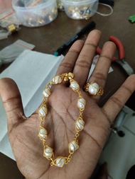 SET PERHIASAN MUTIARA AIR TAWAR PUTIH GELANG CINCIN MATA 1 LAPIS EMAS 24K