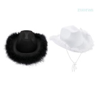 ZUO Vintage Fedora Hat Women Men Felt Cowboy Hats Feather Decor Western Style Hat
