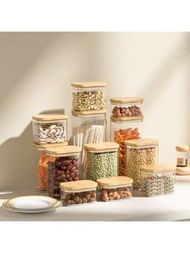 PET密封罐，帶有竹蓋的PET食品儲存容器，透明PET罐用於儲存像米飯、糖、麵粉、義大利麵、穀類、豆類、堅果等干糧的廚房組織，可堆疊食品儲物櫃