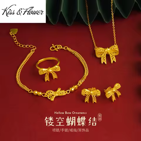 KISS&FLOWER Gold Bowtie Jewelry Set For Women Necklace+Ring+Bracelet+Earrings Wedding Party Birthday