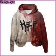 Women Hoodie 3D Bloodstain Print Halloween Vintage Haunted House Cosplay Top Hooded Long Sleeves Loo