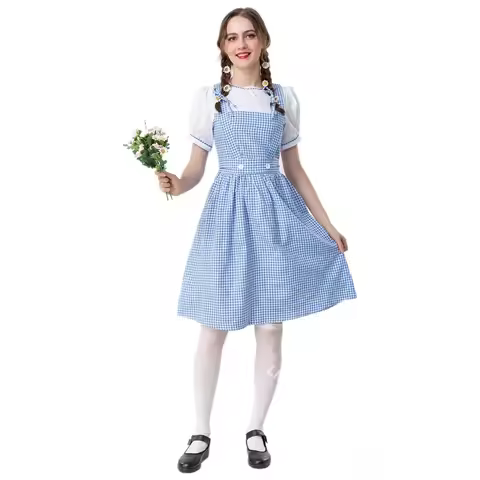 Adult Dorothy Maid Blue Plaid Dress Cosplay Halloween Costume Oktoberfest Dirndl For Women