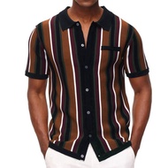 New Men's Summer Cardigan Knitted T-shirt Short Sleeve Polo Collar Stripes Casual Polo Shirt Men