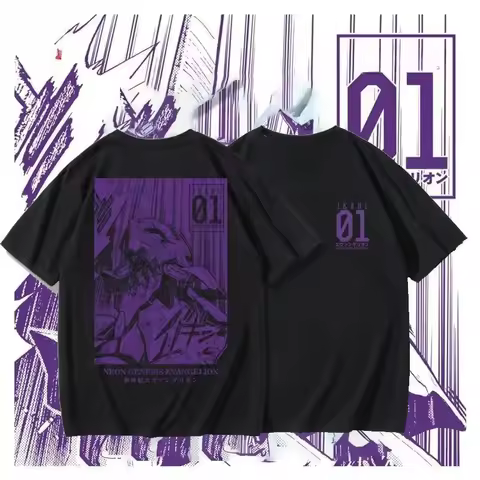 Neon Genesis Evangelion Unit-01 Ikari 01 Purple Manga Print Black T Shirt 2026 Summer Oversized Anim