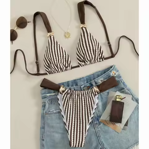 Fashion Lace Up Vacation Beachwear Bikini Swimwear Chic Thong Summer Lady Micro Bikini Striped Bathi