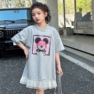 Girls' Mesh Splicing Summer Dress2025New Cartoon Children's Short Sleeve Loose Round Neck Casual T T