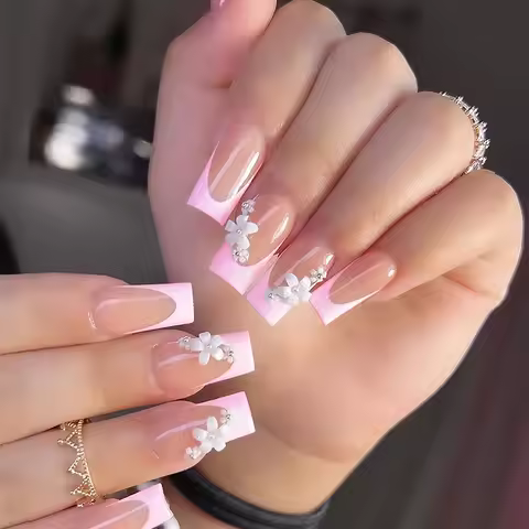 Flower Press on Nails French Square False Nails Flower Fake Nails Pink Press on Nails French Tip Gra