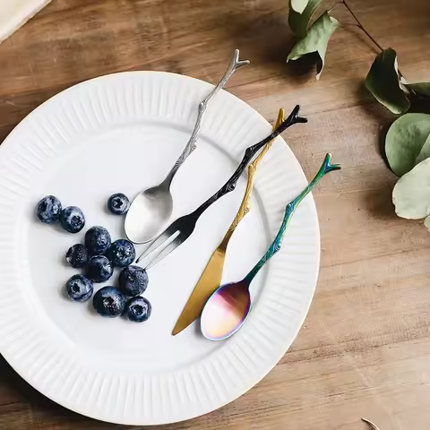 1PC Mori Small Fresh Branch Handle Stainless Steel Spork Spoon Coffee Cake Retro Dessert Spoon Fruit