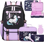 Bevalsa Kids Backpack for Girls with Bento Lunch Box Set, Purple Cute Bookbag Backpack for Girls Kids, 43oz Lunch Containers Lunchbox, Insulated Lunch Bag &amp; Ice Pack Pencial Case, Back To School Gift