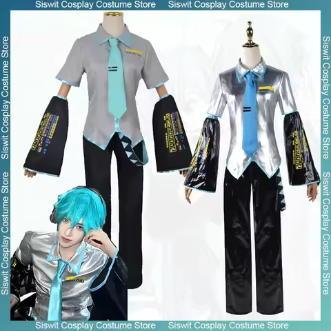 Mikuo Male Miku Cosplay Costume Silver Patent Leather Fabric Uniform Tops Pants Hand Sleeves Set Ani