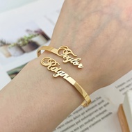 TEMU Ladies' Fashion Open Bracelet, 18k Gold Plated With Customizable 2 English Names, Stainless Ste