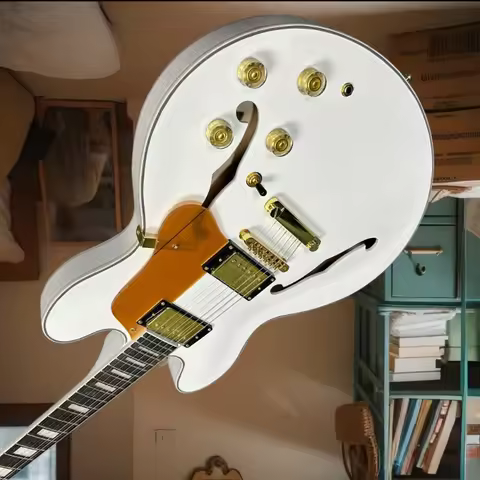 White ES 335 Semi-Hollow Body With Golden Hardware 2 Humbucker Pickups Electric Guitar Free Delivery
