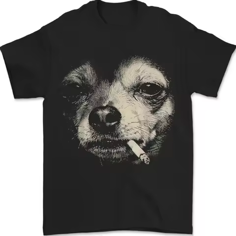 Women's Casual T-shirt, Round Neck, Featuring A Stylish and Humorous Vintage Chihuahua Smoking Desig