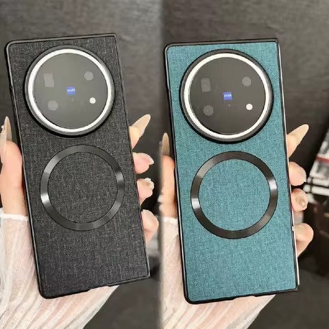 For VIVO X Fold 5 Case Luxury PU Cloth Magnetic Wireless Charging Protective Back Cover Case For VIV