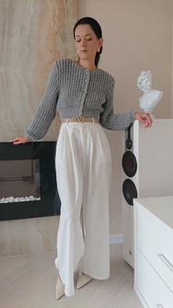 女式長袖露臍上衣開衫 泡泡袖手工針織襯衫配鈕扣