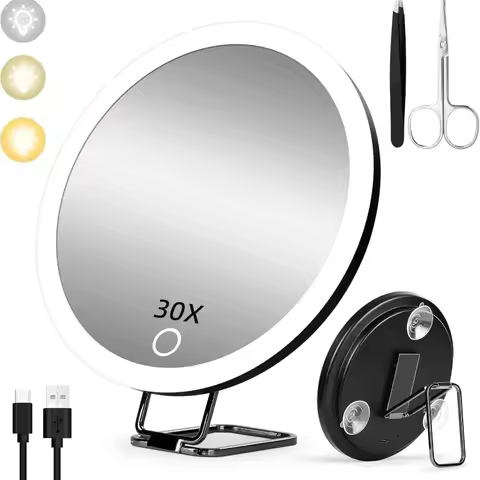 6 Inch Magnifying Mirror with Light 5-30X Portable Travel Magnified Mirror with 360° Adjustable Stan