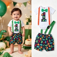 Dinosaur Outfit for Birthday Boy Romper Suspender Shorts Short Sleeve Set 1st Birthday Outfit for Ba