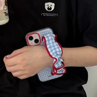 Blue Red Contrast Color Plaid Wristband Silicone Case For iPhone 16 15 14 13 Pro Max i15 i16 16pro P