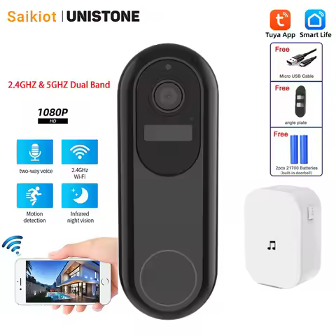 Saikiot Video Doorbell Tuya Smart 2.4G & 5G Dual Band Home CCTV Security 1080P Video Doorbell WIFI 2