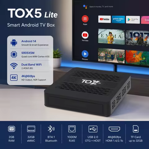UGOOS TOX5 Android 14 TV Box S905X5M Quad Core ARM Cortex-A55 2GB RAM 32GB eMMC Dual Band WiFi BT4.1