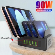 Multi Port USB Charger Station 90W QC3.0 Charger PD 18W USB C Fast Charging Wall Charger with Holder