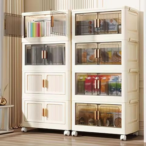 Multi-functional 3/4/5-layer folding storage cabinet with wheels, magnetic double-door design, a sto