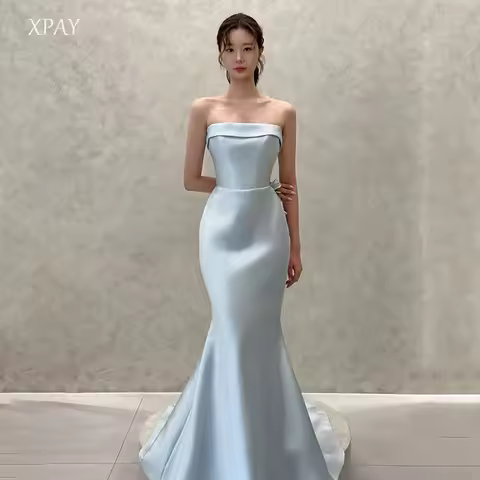XPAY Baby Blue Strapless Evening Party Dress Mermaid Wedding Ball Gown A-line Korea Photo shoot Prom