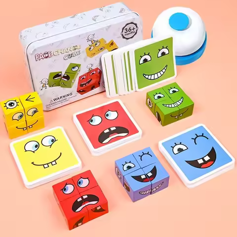 Cube Face Change Building Blocks Board Game Wood Puzzle Montessori Expression Wooden Blocks Blocos f