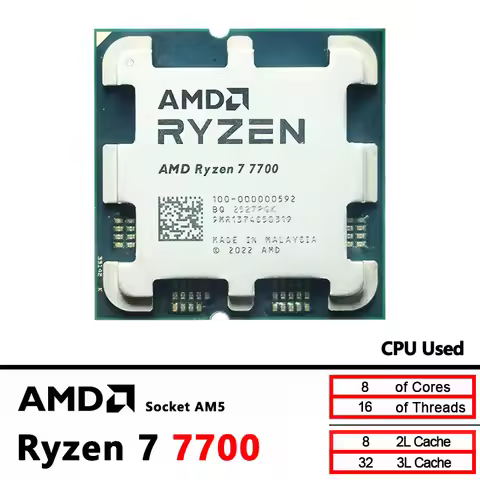 AMD Ryzen 7 7700 Used R7 7700 3.8GHz CPU processor 8-Core 16-Thread 5NM L3=32M 100-000000592 Socket 