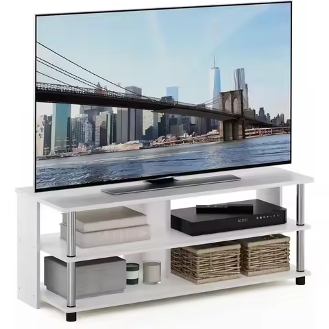 3-Tier TV Stand for 48 Inch Screens, White Oak and Chrome Finish