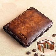 Dompet kulit lembu lapisan pertama untuk lelaki, Dompet tiga kali ganda retro, anti-penipuan, ultra 