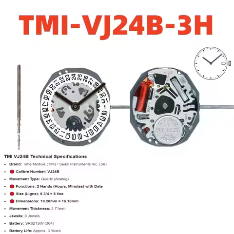 VJ24 Movement TMI VJ24B-3h Movement VJ24B-6h Quartz Movement 2 Hands / Date At 3 Size: 6 ยพX8โด Height