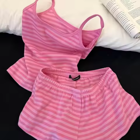 New Summer Women's Summer Outfit Dopamine Pink Striped Camisole Pajamas Sweet Shorts Homewear Set Co