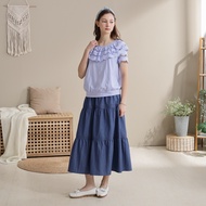 [CUMAR] Elastic Waist Denim Layered Cake Long Skirt Blue Black